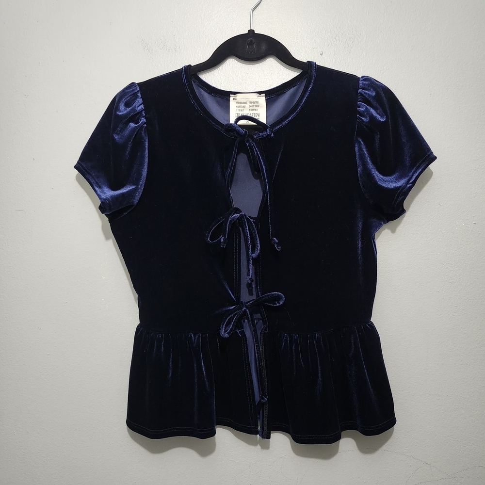 French Pastry Navy Velvet Tie-Front Blouse Size S